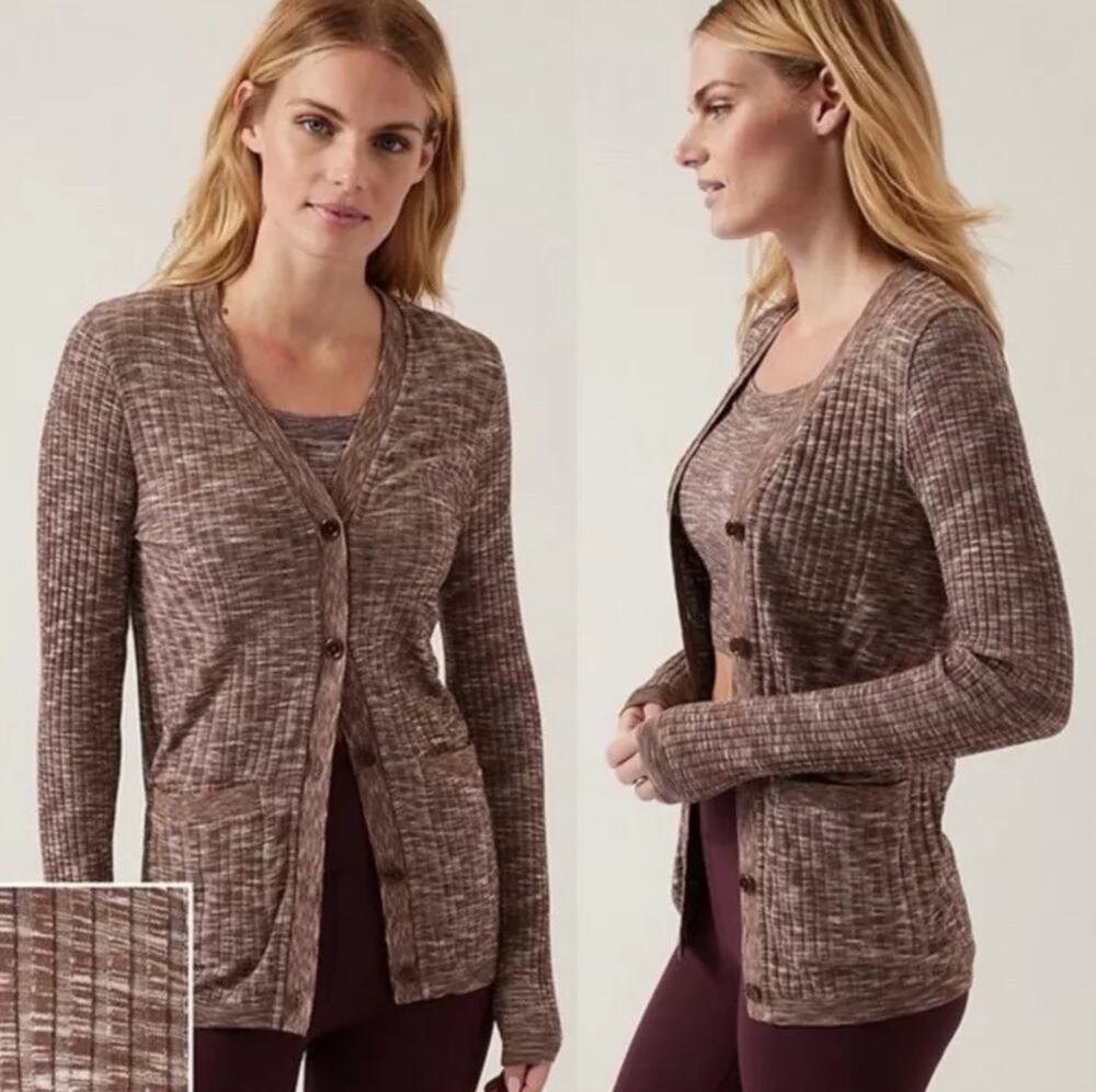 Athleta Revolve Seamless Cardigan Ribbed Knit Stretch Brown Purple XXS NWT